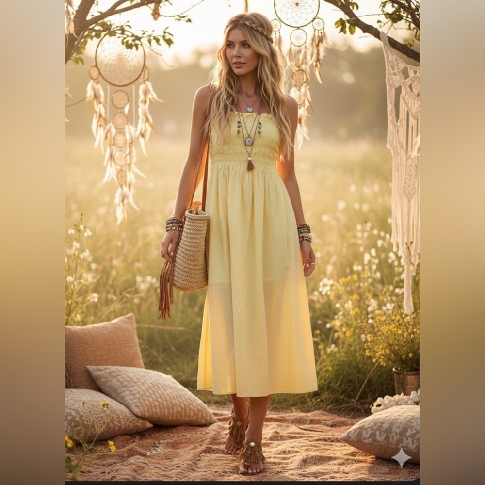 H&M Yellow Smocked Bodice Dress Midi size Small cowgirl , beach , bohemian